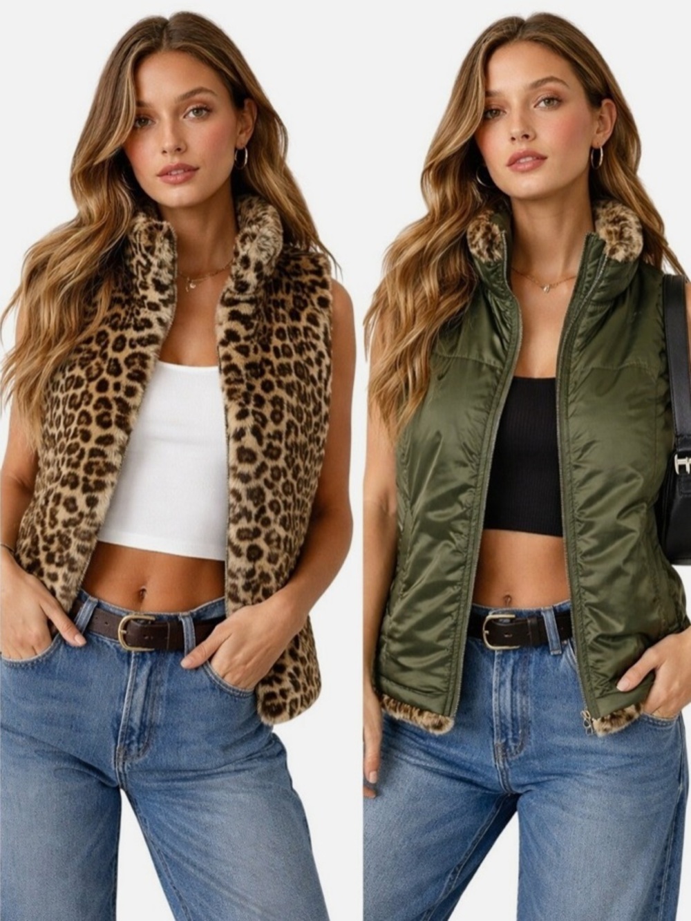 NWOT Reversible GUESS Faux-Fur Vest - Olive/Leopard